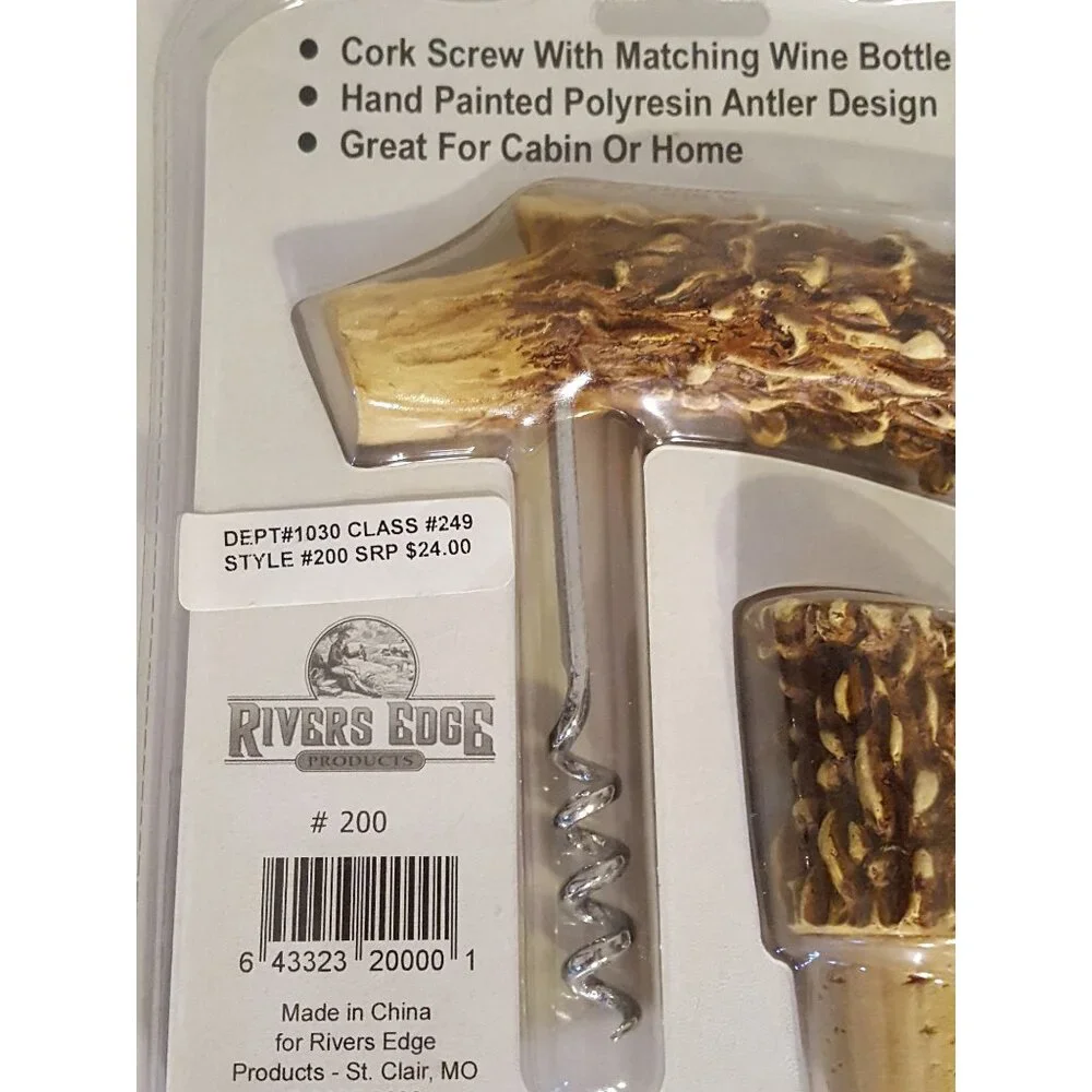 Antler Corkscrew and Wine Stopper by Rivers Edge Hand Painted‎ Polyresin